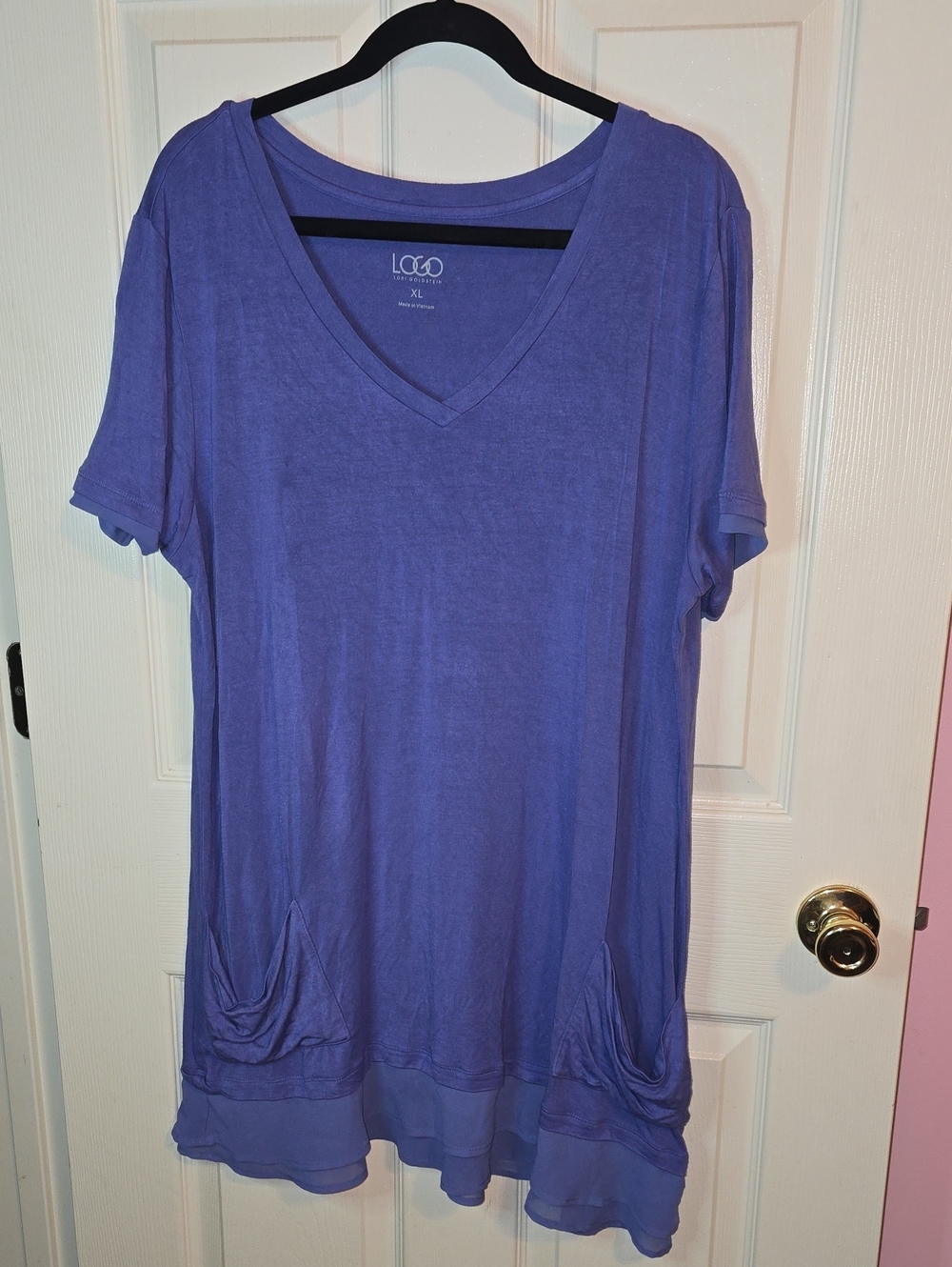 LOGO by Lori Goldstein Purple V-Neck Short Sleeve Tunic with Pocket Detail